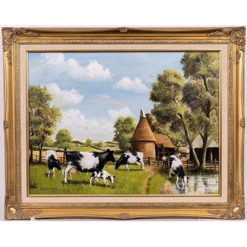 941 - Peter J Bailey (British, b. 1951), Oat House with Cows by a Pond. oil on canvas, signed lower left a... 