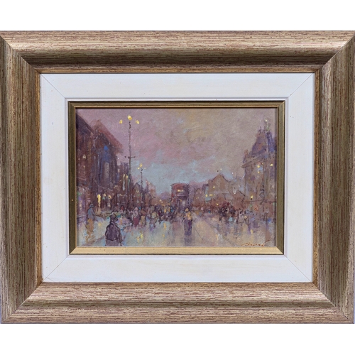 977 - Ken Moroney (British, 1949-2018), Street Scene at Night. oil on card, signed lower right, framed. 4 ... 