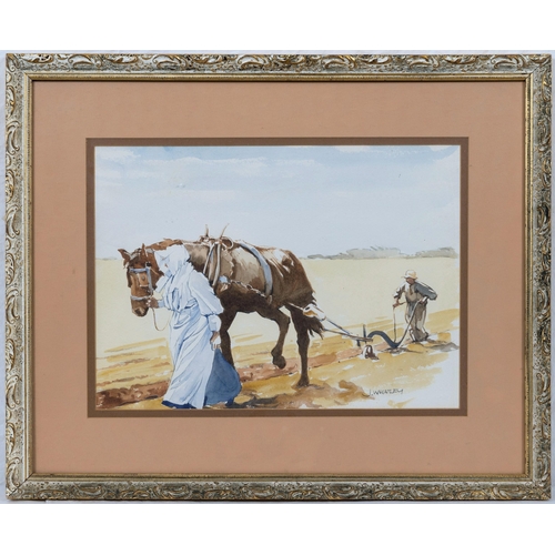 988 - J. Wheatley (British, 20th century), Ploughing watercolour, signed 