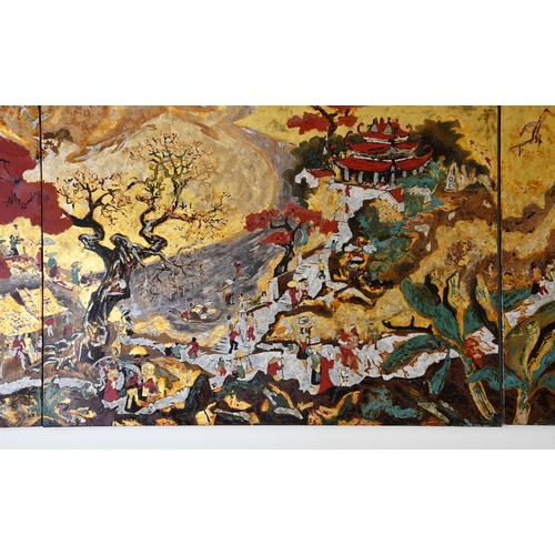 1635 - Duong Thai Quang (Vietnam, late 20th century) - three panel s'on mai lacquer painting of the Huong P... 