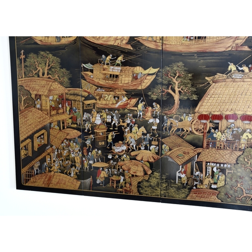 1634 - S. M. Lam (Chinese, 20th century) - a set of six black lacquer chinoiserie panels, depicting a busy ... 