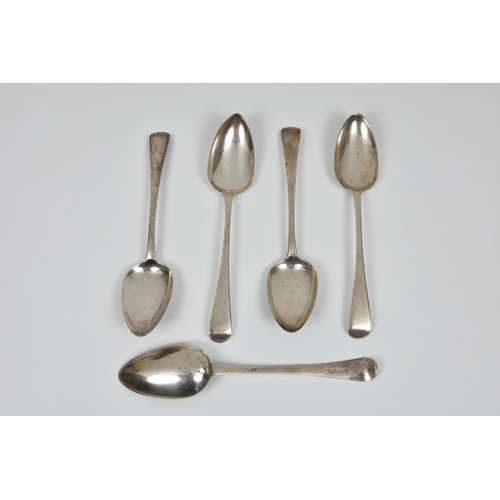 250 - Five George III silver Old English pattern table spoons, all London, to include one by John Kerschne... 