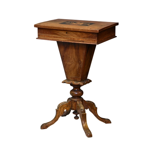 2279 - A Victorian walnut, kingswood & marquetry trumpet work table the rectangular top with kingwood bandi... 