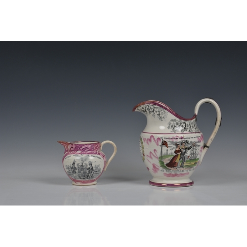 23 - Two Sunderland Pink Lustre jugs, the smaller with loop handle with transfer printed panels 'ANCIENT ... 