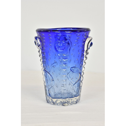 90 - A Whitefriars heavy bubble glass vase, in kingfisher blue with raised decoration, on polished base, ... 