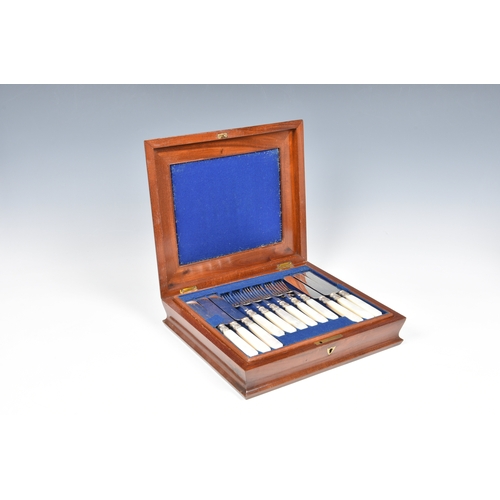 175 - A mahogany cased set of mother of pearl handled silver plated knives and forks for eighteen settings... 