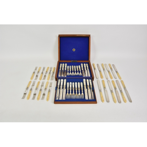 191 - A cased set of mother of pearl handled bright cut silver plate knives & forks for twelve settings, t... 