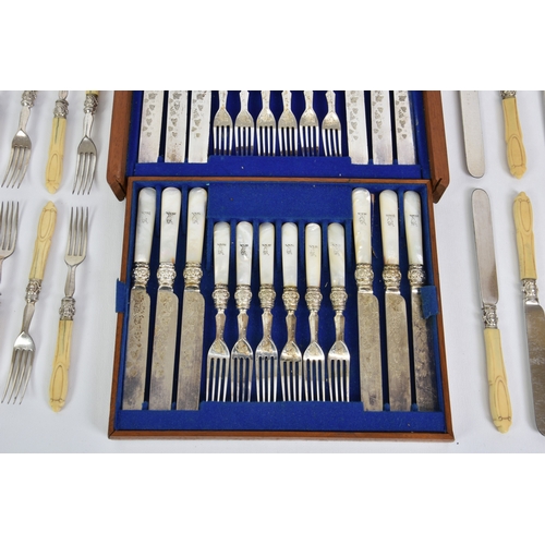 191 - A cased set of mother of pearl handled bright cut silver plate knives & forks for twelve settings, t... 