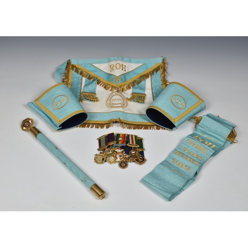 2082 - A case of R.A.O.B. regalia including jewels, including four silver gilt jewels with ribbons, plus gi... 