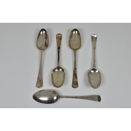 251 - A group of five Georgian silver Hanoverian pattern table spoons, to include a George II example by E... 