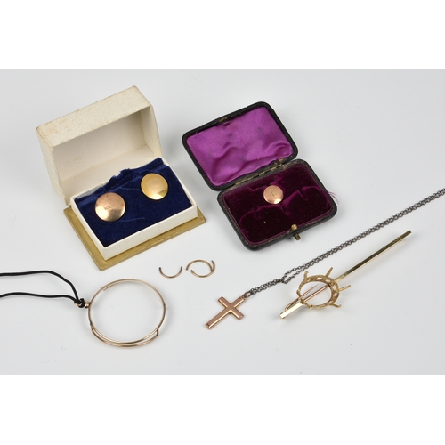 1299 - A small group of gold items, including a 15ct gold framed monocle; a 9ct gold bar brooch with vacant... 