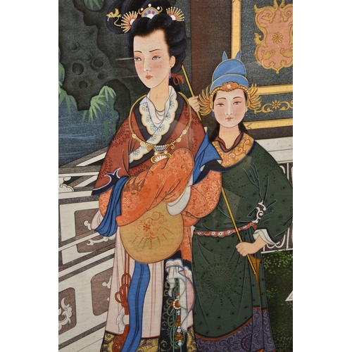 1500 - A large Chinese gouache painting, early to mid-20th century, depicting a noblewoman and attendant be... 