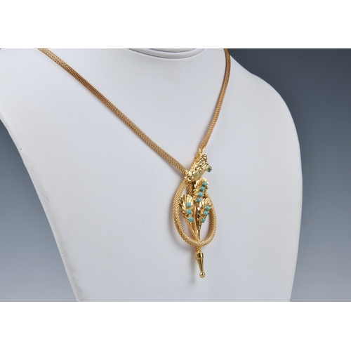 1023 - An 18ct yellow gold and turquoise snake necklet, the mesh style chain terminating in a snake's head ... 