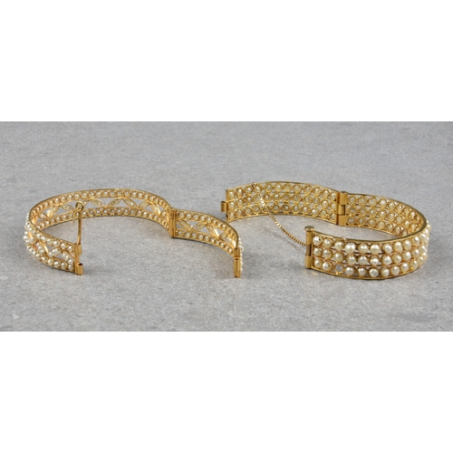 1025 - Two 22ct gold and pearl bangles, both hinged with sliding pin clasp, one set with three rows of appr... 