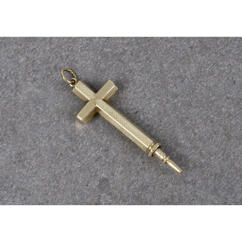 1034 - A 9ct gold novelty propelling pencil, in the form of an engine turned cross pendant, no hallmarks, t... 