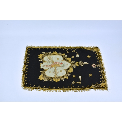 1445 - A pair of Victorian fabric decorative panels of gold thread and silk, each depicting an exotic bird ... 