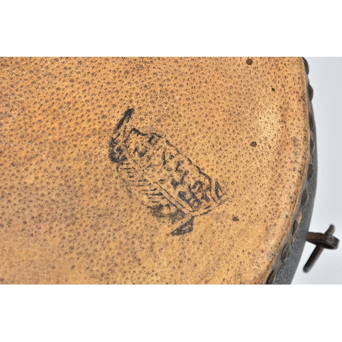 1504 - A Japanese Taiko war drum, probably 19th century, the brass rivetted, vellum skins with black painte... 