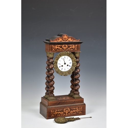 1946 - A 19th century French rosewood, faux-rosewood and marquetry portico clock by Troup à Paris, the sign... 