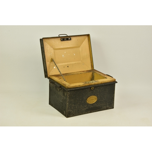 2150 - A Sampson Mordan & Co strong box, rectangular with folding loop handles, applied oval brass plaque t... 