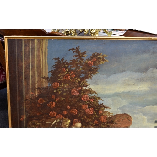 992 - Italian School (early 20th century), Still life of roses in a classical urn, a Roman bust, books, br... 