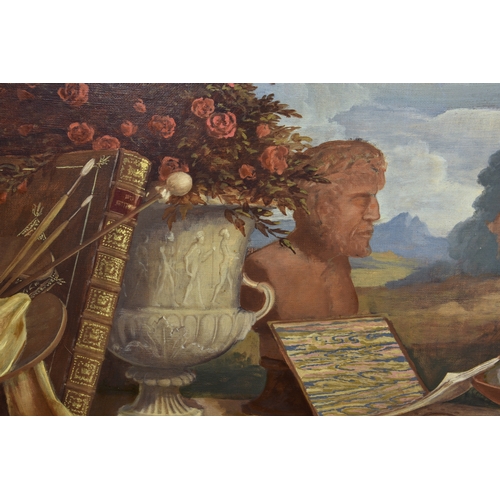 992 - Italian School (early 20th century), Still life of roses in a classical urn, a Roman bust, books, br... 