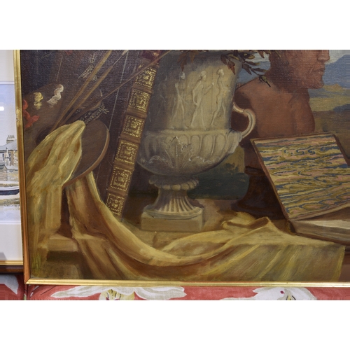 992 - Italian School (early 20th century), Still life of roses in a classical urn, a Roman bust, books, br... 