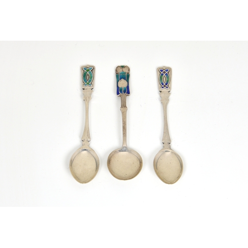 23 - Archibald Knox (1864-1933) for William Hair Haseler (Liberty) - Three rare silver and enamel teaspoo... 