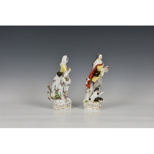 118 - A pair of Meissen figures of a gallant and his companion, early 20th century, the man holding a bask... 