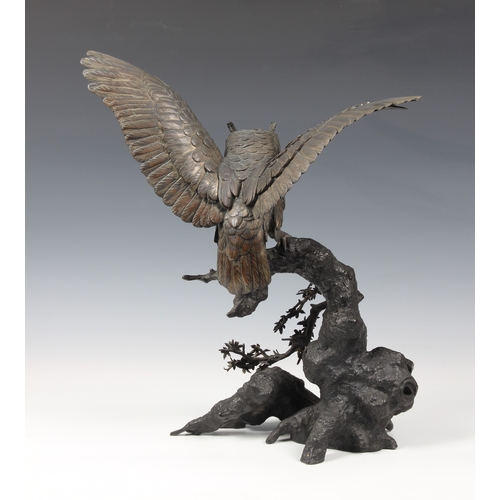 1250 - A Japanese silvered bronze okimono of an owl, Meiji period (1868-1912), the silvered owl with inset ... 