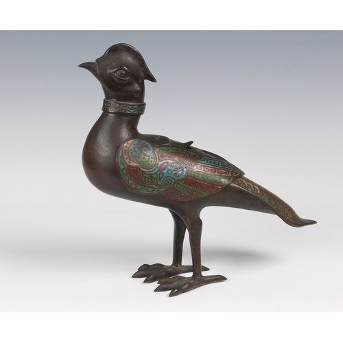 1251 - A 19th century Chinese archaistic bronze and champlevé enamel pheasant incense burner, of a 16th cen... 