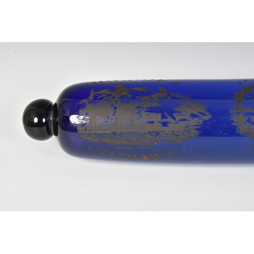 143 - An early 19th century unusually large 'Mariners' Bristol glass cobalt blue rolling pin, gilt transfe... 