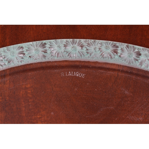 175 - An early 20th century five piece Lalique glass dressing table set, comprising an oval tray with a ba... 