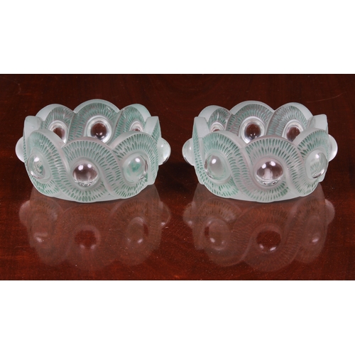 176 - A pair of Lalique 'Gao' finger bowls, the bodies with entwined frosted strapwork with blue/green hig... 