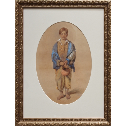 216 - Octavius Oakley, RWS (British, 1800-1867), Portrait of a boy holding a pottery jug, oval, watercolou... 