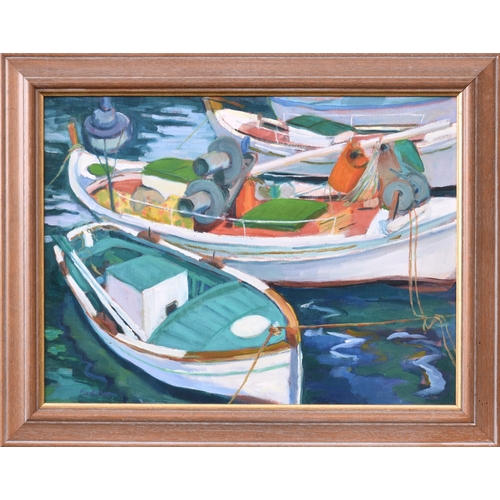 228 - Suzanne Blackstone (Jersey, fl. late 20th, early 21st century), Boats at Anchor, oil on hardboard, s... 