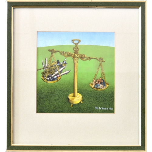 260 - Peter Le Vasseur (Guernsey, b.1938), 'Scales of Justice', acrylic on paper, signed and dated 1982 lo... 