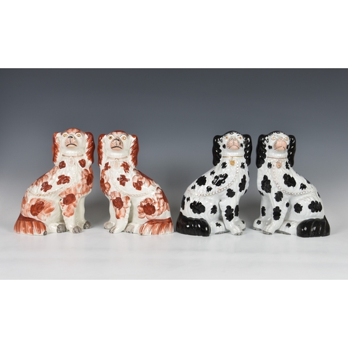 32 - Five pairs of Staffordshire dogs, each pair with traditional embellishments, chain and separated fro... 