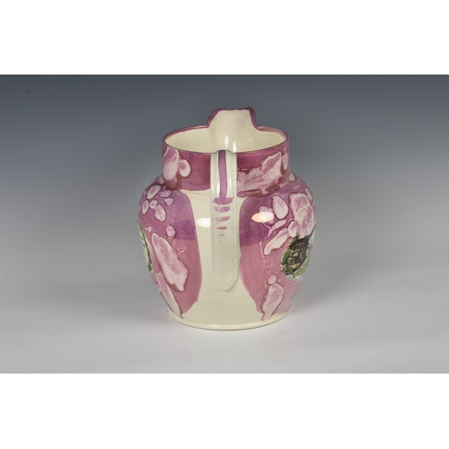 36 - A large early nineteenth century Sunderland pink lustre christening jug, painted and transfer printe... 