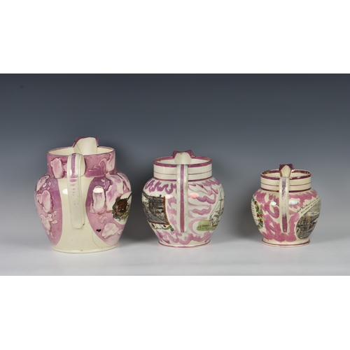 37 - Three Sunderland pink lustre jugs, to include a large early nineteenth century Sunderland pink lustr... 