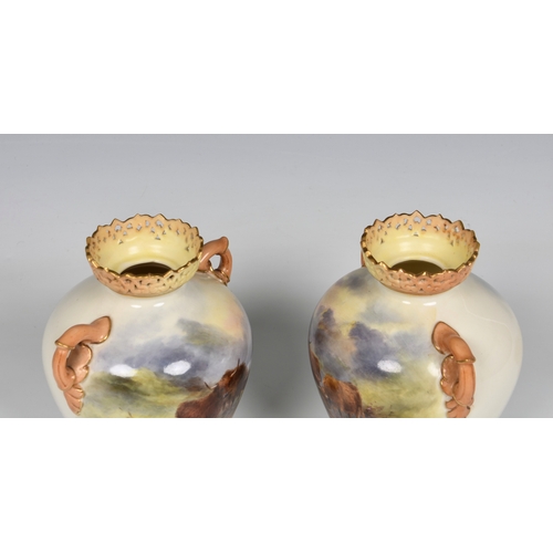 4 - A pair of Royal Worcester porcelain highland cattle painted twin handled vases by Harry Stinton, one... 