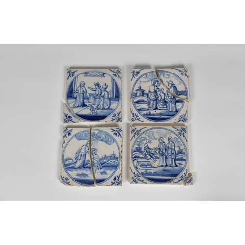 43 - A set of twelve Dutch Delft blue and white tiles, probably 17th century, the tiles with central fiel... 