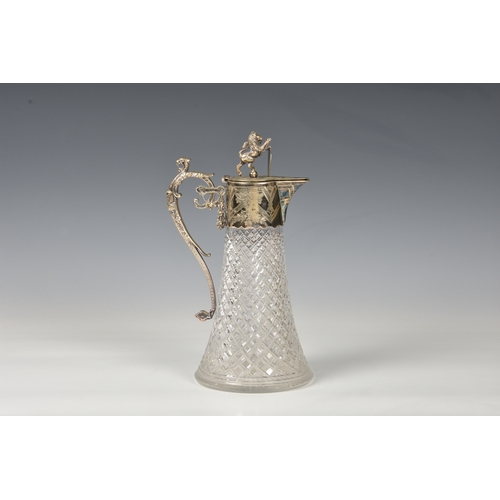 432 - A cut glass claret jug with silver plated mount, late 19th century, the flared, diamond and prismati... 