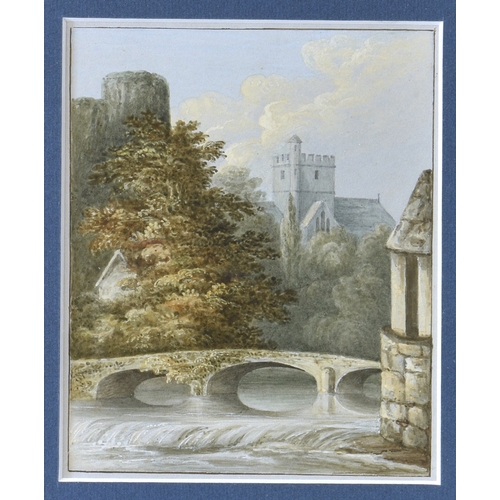 460 - English School, early 19th century, Brecon from the River Usk, watercolour, unsigned, inscribed on b... 