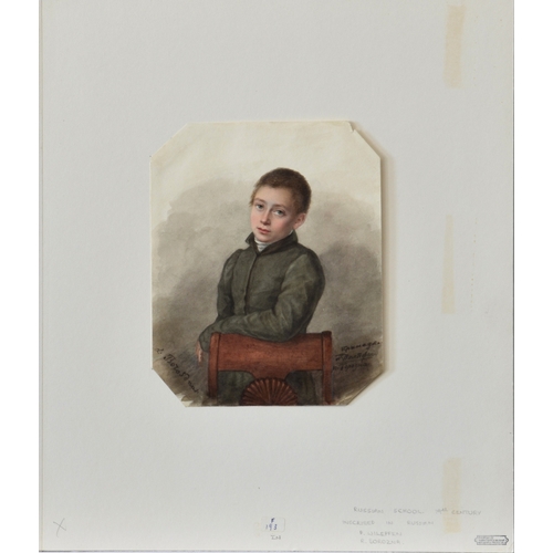 461 - Russian School, mid 19th century, Boy leaning on a Chair, watercolour, signed lower left "L. Bo... 