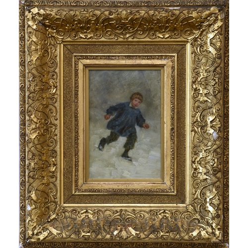 469 - Pierre Edouard Frere (French, 1819-1886), Young boy running in the snow, oil on mahogany panel, red ... 