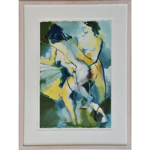 476 - Peter Wright (20th century), Two female nudes in blues and ochre, gouache on handmade paper, 22½ x 1... 