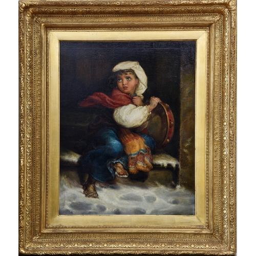 479 - 19th Century School, A gypsy girl seated on a snowy step, supporting a tambourine at her side, oil o... 