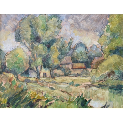 496 - English School, mid 20th century, Cottage Among Trees, oil on hardboard, signed with monogram lower ... 