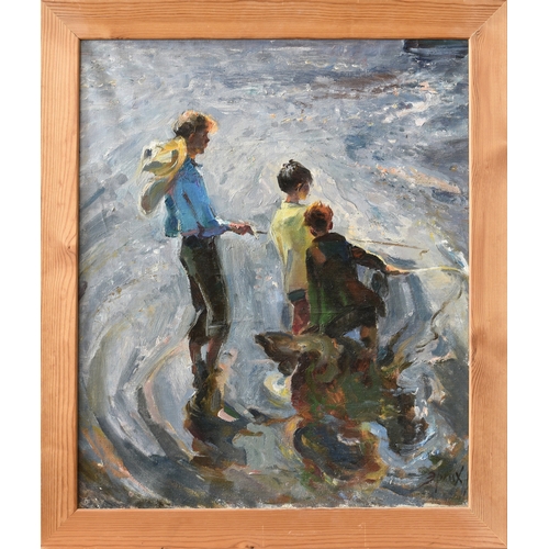 507 - Vladimir Isaakovyc Erlikh (Russian, 1924-2001), "Children Fishing", oil on canvas, signed ... 