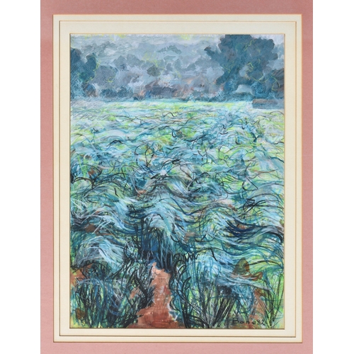 511 - Helen Bone (late 20th century), "The Sea of Barley", acrylic & crayon, signed and dated lo... 